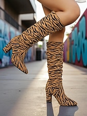 cheap Slouch Boots-Women's Zebra - Striped Slouchy Knee - High Block Heel Boots - Edgy Streetwear Shoes for Casual Hangouts and Night Events