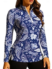 billige Dame skjorte-Dame Bohem Topper POLO T-skjorte Tennisskjorte Langermet Trykt mønster Quarter Zip Pullover UV Beskyttelse Elastisk Pustende Tennis Golf Pickleball Glidelåskrage Skjorte Polo Blå og Gul Tennis klær
