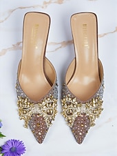 cheap Cocktail-Women&#039;s Rhinestone Pointed Toe Mules - Glitter Slip-On Kitten Heels with Pearl Bow for Cocktail Parties &amp; Evening Events