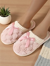 Недорогие Женские тапочки и шлепанцы-Женские розовые плюшевые домашние тапочки – пушистые зимние тапочки с атласным бантом для спальни, гостиной и уютного дома