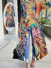 ieftine rochie florală-Pentru femei Rochie Maxi Rochie de schimb Casual Zilnic Dată Fit regulat Floral Grafic Manșon Lung Guler Cămașă Galben Roz Îmbujorat Roșu-aprins Albastru piscină Vară Primăvară Toamnă