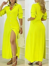 abordables Robe noire-Femmes Robe Longue Maxi Robe Robe Chemise Élégant Quotidien Coupe régulière Couleur Unie manche longue Col en V Noir Blanche Jaune Bleu Automne