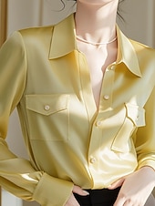 abordables Hauts Unis pour Femmes-Femmes Chemise Chemisier Uni Actif Élégant manche longue Col de chemise Hauts Réguliers Travail Tenue formelle Avec Poches Boutons Jaune Automne