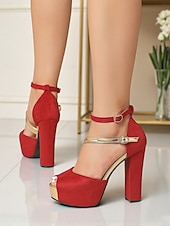 preiswerte Nachtleben Party-Damen-Sandalen aus rotem Wildleder mit Plateau und Blockabsatz – Peep-Toe-High-Heels mit Knöchelriemen für Partys im Nachtleben und abendliche Clubwear