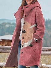 billige 3D frakker-Dame Vinterjakke Fleece-jakke Frakk Hold Varm Pustende Lomme Knapper Trykt mønster Aktiv Daglig Fritid Landskap Feriereise Gate Daglig Enkeltkneppet Lang Hettegenser Normal Langermet Yttertøy Gul