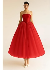 baratos Vestidos Longos &amp; Gowns-Linha A Vestidos de cocktail Elegante Traje formal Formal Casamento Longuette Sem Manga Sem Alças Tule com Fenda Dupla 2025