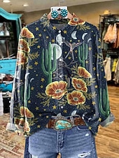 olcso Női Boho Felsők-Női Ing Grafika Mértani Elegáns Csehország Napi Hosszú ujj Állógallér Normál felsők Munka Napi Gombok Nyomtatott Sárga Rubin Medence Barna Lóhere Tavasz Ősz Tél