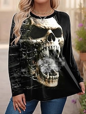 levne Halloweenské topy-Dámské topy plus size s potiskem lebek, dlouhý rukáv, kulatý výstřih, ležérní, denní, polyester, podzim, zima, černá, bílá