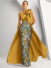 abordables Robes de bal-Robe de Soirée A-Line Élégante Robe Formelle Invitée de Mariage Longueur Sol Sans Manches Épaule Unique Satin avec Nœud(s) Fente Broderie