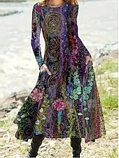 abordables Robes fleuries décontractées-Femmes Robe maxi Robe ajustée et évasée Vacances Occasionnel Boho Soirée Quotidien Sortir Coupe régulière Fleuri Graphique À pois manche longue Col ras du cou Noir Marron clair Bleu Violet Automne