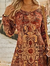 abordables Robes Bohémiennes-Femmes Robe Longue Maxi Robe Robe Décontractée Robe Imprimée Mode Moderne Quotidien Date Week-end Coupe régulière Fleur manche longue Col ras du cou Marron Printemps Automne