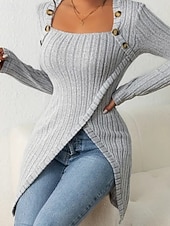 cheap Plain tee-Women's T Shirt Tee Top Buttons Asymmetrical Solid Color Elegant Fashion Long Sleeve Square Neck Regular Tops Daily Weekend Black Brown Rose Pink Gray Spring Fall
