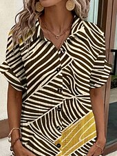 voordelige Strepen- en geometrische jurk-Dames Mini-jurk Shirtjurk Casual jurk Jurk met print Modieus Modern Dagelijks Strand Weekend Normale pasvorm Gestreept Korte mouw Overhemdkraag Khaki Zomer Lente Herfst
