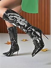 baratos Festa da Vida Noturna-Botas femininas de cano alto com lantejoulas - botas de festa com salto agulha brilhante para mulheres, calçados da moda glamorosos para boates, apresentações no palco e trajes de noite