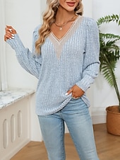 halpa Yksinkertaiset paidat-Naisten Neulos Pusero Päivittäin Tyylikäs Vapaa-aika Väripalikka Joustin V kaula-aukko Kudottu Pitsinauhat Pitkähihainen Tavalliset topit Neuloa Päivittäin Pyhäpäivä Bile Viininpunainen Musta Syksy