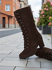 abordables Bottes à la mode-bottes à lacets en daim marron pour femmes - bottes mi-mollet vintage modernes avec talons épais pour la mode de tous les jours, les promenades d&#039;automne et les costumes à thème