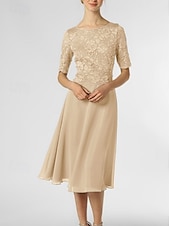 levne Délka čaje-A-line šaty matky nevěsty svatební host elegantní drobné výstřih do lodi délka po kolena chiffon poloviční rukáv s plisováním jednobarevné bez vlastního měření