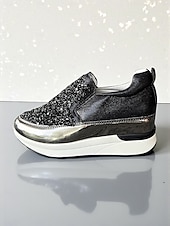economico Sneakers da donna-sneakers slip-on da donna nere glitterate con dettagli metallici: sneakers con plateau alla moda, perfette per le feste notturne e le uscite informali
