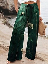 preiswerte weites Bein und hohe Taille-Damen Weites Bein Hosen Hose Urlaub Lässig Lang Hohe Taille Blumen Elastischer Bund Drucken Hoher Schnitt Atmungsaktivität Weich Mikroelastisch Urlaub Straße Alltagskleidung Gelb Blau Dunkelgrün Grün