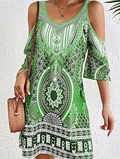 abordables Robes Bohémiennes-Femmes Robe Midi Robe bohème Classique Moderne Vacances Fête Sortir Coupe régulière Fleur Sans manches Col ras du cou Bleu Violet Marron Vert Automne