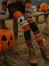 tanie Halloweenowe doły-Damskie Getry Urlop Zabytkowe Moda Pełna długość Wysoka taliaPantsHalloween Graficzny Prążki Charakter Drukowanie Keep Warm Miękka Oddychający Elastyczny Formalny Na zewnątrz Urlop Czarny