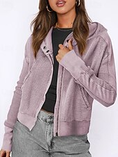 baratos Moletons e Sweatshirts Texturizados-Mulheres Jaqueta casual Casaco com capuz Manter Quente Confortável Zíper Bolsos Moda Ao ar livre Tecido Para Noite Final de semana Zíper Padrão Com Capuz Normal Manga Longa agasalhos Preto Rosa Azul