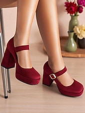 cheap 1950s-Women&#039;s Blue Suede Mary Jane Block Heel Pumps – Platform Round Toe Buckle Strap 1950s Vintage Party Shoes for Weddings, Cocktail, and Evening Outfits