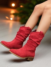 abordables Bottes souples-Bottes mi-mollet souples en faux daim rouge pour femmes avec talon bas et languettes de traction – chaussures d&#039;hiver et de vacances élégantes pour les tenues décontractées et Noël