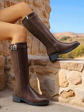 abordables Bottes de cheval-Femmes Bottes Quotidien Bottes hautes au genou Petit talon Bout Rond Occasionnel Minimalisme Faux daim Fermeture éclair Noir Marron