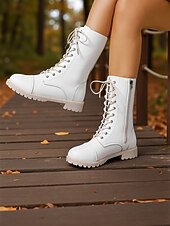 baratos Botas de combate-Botas de combate femininas brancas com cadarço e zíper lateral, calçados urbanos estilosos