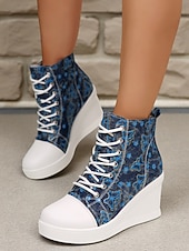 preiswerte Damen-Sneaker-Damen-Wedge-Sneaker aus blauem Denim mit Schmetterlings-Print – lässige Schnürstiefel mit verstecktem Absatz für Reisen, Streetwear und Alltagsoutfits