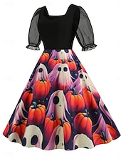 halpa Halloween mekko-Halloween Naisten Midimekko A linjainen mekko Vapaa-aika Päivittäin Pyhäpäivä Normaali Kurpitsa hämähäkinverkko Lyhythihainen Nelikulmainen kaula-aukko Musta Keltainen Purppura Kesä Kevät Syksy