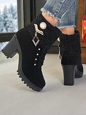 baratos Botas de tornozelo-Botas femininas de cano curto em malha preta com cadarço e strass e salto grosso - botas elegantes de inverno com salto para roupas de Natal e moda para o frio