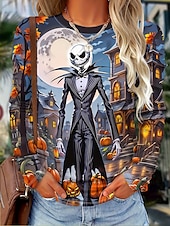 levne Halloweenské topy-Halloween Dámské Tričko Grafika Lebky Dýně Vinobraní Módní stylové Dlouhý rukáv Tričkový Běžné topy Denní Tisk Vodní modrá Podzim Zima