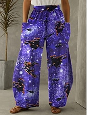 preiswerte Halloween-Hosen-Damen Hose aus Baumwollleinen Urlaub Vintage Ethno-Stil Volle Länge Mittlere TaillePantsHalloween Katze Kürbis Halloween Drucken Bequem Unelastisch Urlaub Straße Lässig Asche Schwarz Fuchsie Orange