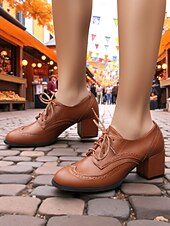 abordables Zapatos Oxford de mujer-Zapatos brogue oxford de tacón grueso con bloques de color para mujer: zapatos de vestir vintage con cordones de los años 50 con detalle de espiga de tweed para la oficina, el Oktoberfest y la moda de