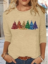 billige Kunst &amp; Design t-skjorte-Jul Dame T skjorte Grafisk Geometrisk Stripet Elegant Årgang Mote Langermet Crew-hals Rund hals Vanlige topper Daglig Ut på byen Helg Trykt mønster Svart Rosa Lysebrun Blå Vår Høst Vinter