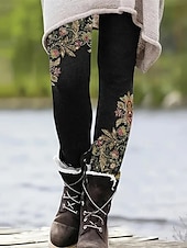 olcso -Női Nadrágok Leggingek Kényelmes leggings Utcai sikk Alkalmi Teljes hossz Magas derék Virágos Rugalmas derék Nyomtatott Lélegzési képesség Kényelmes Nyúlós Vakáció Utca Hétköznapi viselet Fekete