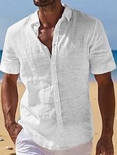  Men's Linen Shirt Summer Shirt Beach Wear Button Up Shirt Plain Vacation Curise Black White Light Green Pink Short Sleeve Turndown Summer Clothing Apparel