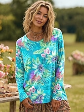 billige Blomster t-skjorte-Dame Plus Size T-skjorte Blomster Fargegradient Oljemaleri blomster Grunnleggende Langermet Rund Hals Vanlige topper Daglig Gå ut Weekend Trykk Rosa Rød Blå Lilla Grønn Vår Høst Forhøst