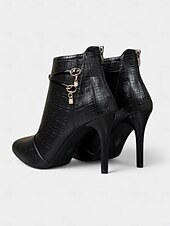 abordables Bottines-Bottines à talons hauts à motif crocodile noir pour femmes - bottines à talons aiguilles à bout pointu en similicuir avec brides décoratives et breloques en strass pour des tenues élégantes