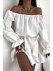 preiswerte Abschlusskleider-Damen Minikleid Schößchen Kleider Elegant Täglich Ferien Ausgehen Normale Passform Einfarbig Langarm Schulterfrei Schwarz Weiß Mauva Herbst