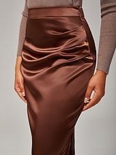 preiswerte Röcke-Damen Stretch Perlglanz Satin Elastische Taille Midirock Elegant Büro &amp;Partykleidung