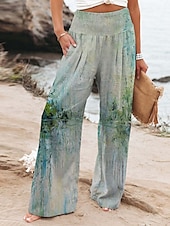 economico gamba larga e vita alta-Per donna Pantaloni in cotone e lino Gamba larga Chinos Vacanza Vintage Stile Etnico Lunghezza intera Vita Alta Floreale Tasca Elastico in vita Stampa Comodità All&#039;aperto Elasticizzato Streetwear