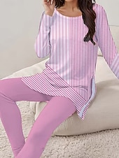 お買い得  ツーピースセット-女性用 エレガント 旅行度假风 ファッション Tシャツ パンツセット 長袖 ラウンドネック フラワー グラフィック ストライプ プリント カジュアル／普段着 ピンク 夏 レギュラー