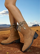 זול מגפיים קאובוי ומערב-מגפי בוקרים מזמש לנשים עם אבזם בהדפס נמר ועקבים נמוכים, נעליים אופנתיות אורבניות