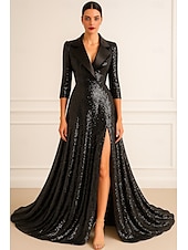 ieftine Rochii de smoking-Rochie de smoking Linia -A Oficial Nuntă Invitat la nunta Sequin Strălucire Elegant Mânecă 3/4 plisată Lungime Podea revere crestate