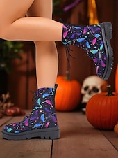 olcso Nőknek-női koponyamintás harci csizma vastag talppal – gótikus fűzős bokacsizma halloweenre, fesztiválokra és alternatív utcai viseletre