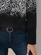cheap Animals tee-Women&#039;s T Shirt Ombre Graphic Leopard Elegant Vintage Stylish Long Sleeve V Neck Round Neck Notched Neck Regular Tops Daily Weekend Zipper Print Black Spring Fall Winter