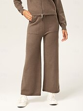 economico Pantaloni-pantaloni da donna in maglia color caffè con gamba dritta, elastico in vita, tasca applicata, casual, eleganti, comodi, quotidiani, autunno